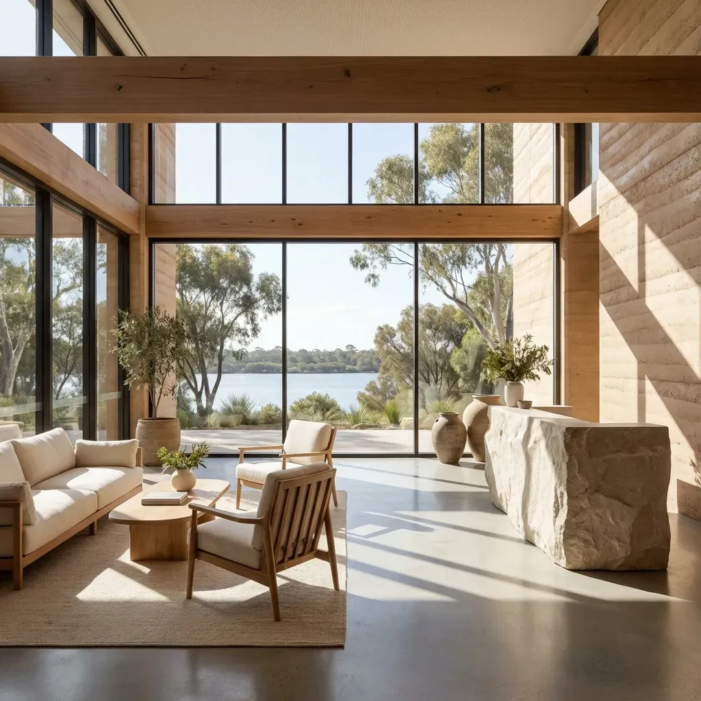 Lumina Stay — a serene boutique interior with waterfront views