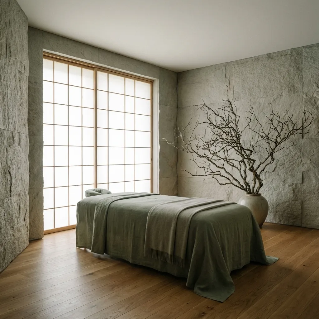 Serene studio interior with soft lighting and natural textures